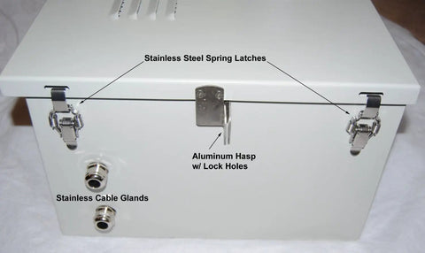 Built Tough Nema 4X Aluminum Electrical Enclosure Box 17 By 17 By 10 Inches with stainless steel spring latches and aluminum hasp.
