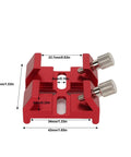 Universal Dovetail Base For Finder Scope Mount With Two Grippy Thumbscrews, shown in red with dimensions, for optical telescopes.