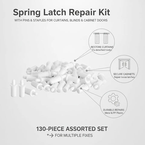 All In One 130 Piece Spring Latch Repair Kit With Metal Pins And PP Staples For Curtains Blinds And Cabinet Doors That Reattaches Detached Hooks Fixes Loose Slats And Replaces Worn Latches In A Snap. 130-piece assorted set, metal and PP plastic