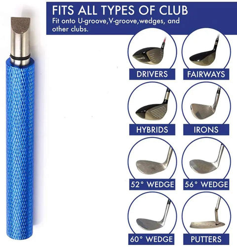 Golf Groove Sharpener Pro Grade showing club compatibility with wedges, irons, drivers, fairways, hybrids, putters.