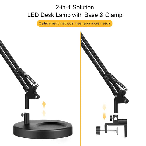2 In 1 LED Desk Lamp With Base And Clamp Clip On Desk Light 50.7 Inch 3 Section Swing Arm Architect Lamp With Memory Function For Home Office Reading Drafting Craft And Workbench