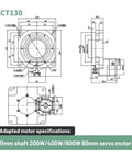 Diagram showing dimensions for Rock Solid CNC Hollow Rotary Platform With 360 Degree Motorized Indexing Table, 60mm servo motor.