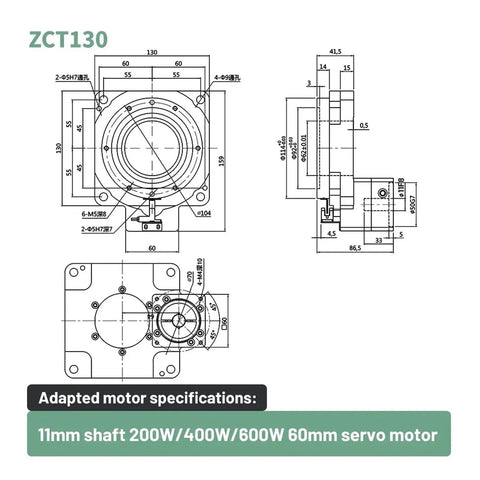 Diagram showing dimensions for Rock Solid CNC Hollow Rotary Platform With 360 Degree Motorized Indexing Table, 60mm servo motor.