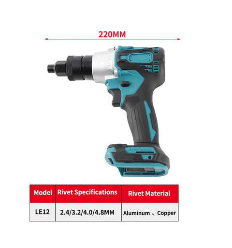 Side view of Beefy Brushless Electric Rivet Gun Kit With Automatic Riveter Heads, showing 220mm length and specifications chart.
