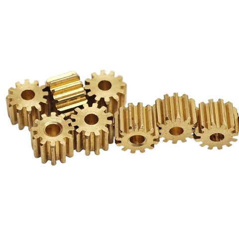 Five Pack 0.4 Module Brass Spur Gears Set, 4mm Thick, Straight Cut, 11T 12T 13T 14T Teeth, Tight Fit Bores 1.5mm, 1.98mm, 2mm, Easy Install For RC Cars, Drones, And Robotics Projects. brass spur gears arranged on white background