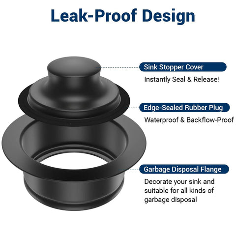 Black Kitchen Sink Flange Stopper Universal Fit For Three And A Half Inch Standard Sink Drain Hole Replacement Accessory For Garbage Disposals Durable Stainless Steel with rubber plug