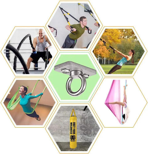 Level Up Your Daily Routine With These Rock Solid 2 Pack Wall And Ceiling Mount Brackets For Battle Ropes Gymnastic Rings Home Gym Straps And Hammocks Backing A Beefy 2800 Pound Load, featuring a stainless steel mount and various exercises.