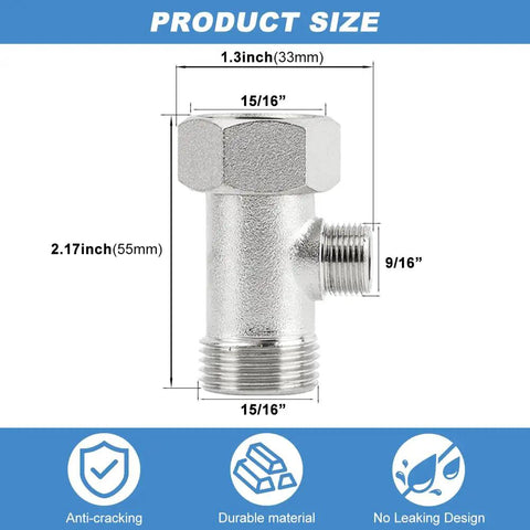 Slick Heavy Duty Three Way T Adapter Bidet Splitter And Toilet Faucet Converter dimensions showing 1.3in, 2.17in, and 9/16in sizes.