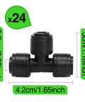 24 Pack One Quarter Inch Drip Irrigation Tee Connectors Quick Connect Fittings Push To Fit displayed with measurements