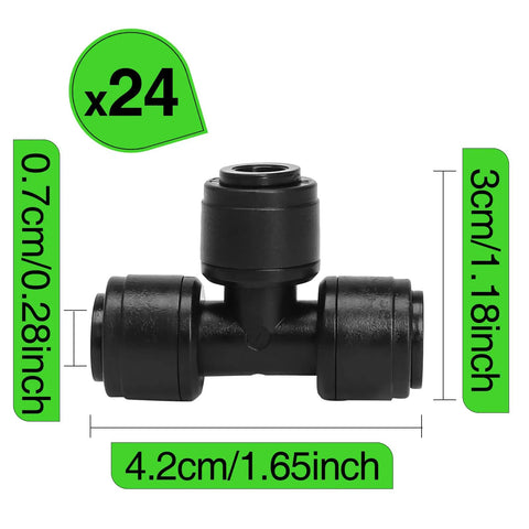 24 Pack One Quarter Inch Drip Irrigation Tee Connectors Quick Connect Fittings Push To Fit displayed with measurements