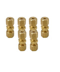 Six brass 1/8-inch air-line compression fittings (1/8" OD x 1/8" OD) for refrigeration, water, oil, gas, and hydraulic systems.