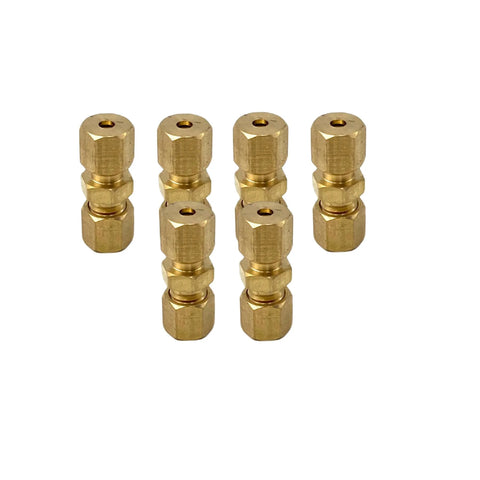 Six brass 1/8-inch air-line compression fittings (1/8" OD x 1/8" OD) for refrigeration, water, oil, gas, and hydraulic systems.