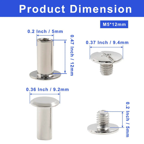 Rock Solid Chicago Binding Screws dimensions showing M4 x 12mm nickel plated carbon steel details and measurements.