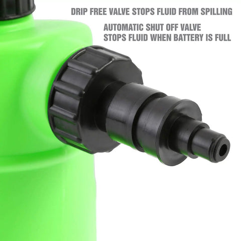 Close-up of Battery Water Filler Jug With Auto Shutoff Nozzle 2 Liter Distilled Water Bottle For Lead Acid Batteries