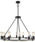 Homestead 25 Inch Six Light Wagon Wheel Chandelier With Gray Oak Wood Finish And Textured Black Accents