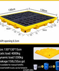 Stackable Spill Containment Pallet With Leakproof Plastic Platform Grating And Drain Tray For Safe Liquid Storage Built To Last, Tough As Nails Polyethylene Build Ideal For Industrial Or Workshop Use 130x130x15 cm, showing detailed dimensions and forklift openings