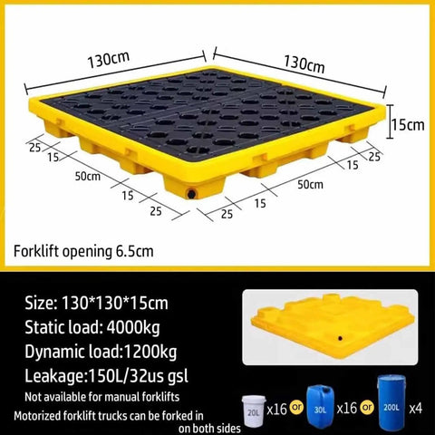 Stackable Spill Containment Pallet With Leakproof Plastic Platform Grating And Drain Tray For Safe Liquid Storage Built To Last, Tough As Nails Polyethylene Build Ideal For Industrial Or Workshop Use 130x130x15 cm, showing detailed dimensions and forklift openings