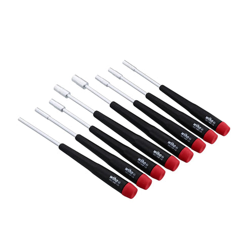 8 Piece Precision Nut Driver Set Inch Size With Narrow Profile And Tapered Handles In Chrome Satin Finish Displayed