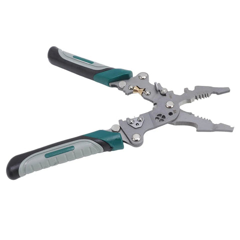 Badass 16 In 1 Foldable Wire Stripper And Cable Cutter With Precision Crimping Pliers forged from chrome vanadium steel, open view.