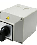 63A Changeover Switch With Box On Off On 3NO 3NC Universal Rotary Cam Selector For Power Transfer, Motor Control, Solar And Grid Switching UL Approved Heavy Duty Cam Switch With Flame Retardant Housing, gray enclosure with black rotary knob