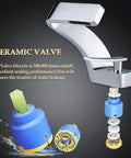 Chrome Bathroom Sink Faucet With Single Hole Mount shown with ceramic valve mechanism and details on durability and sealing.