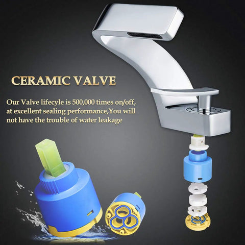 Chrome Bathroom Sink Faucet With Single Hole Mount shown with ceramic valve mechanism and details on durability and sealing.