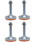 Four-Pack Heavy-Duty M16 Leveling Feet Stainless Steel Adjustable Foot Stands With Galvanized Finish For Stable Leveling On Machinery Tables And Shelving Durable Easy Install Long-Lasting Support. Four stainless steel adjustable leveling feet with threaded stems and orange bases.