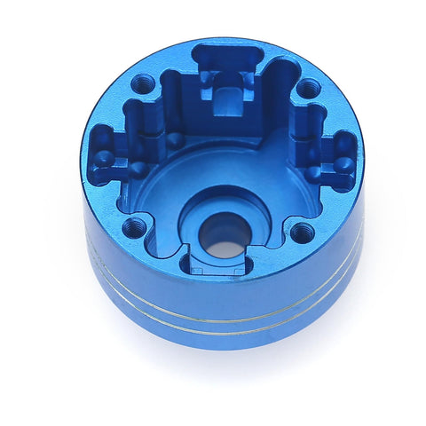 Beefed Up 7075 Aluminum Differential Case With Hardened 45 Steel Differential Spur Gear And Bevel Gear For One Tenth Tamiya XV02 TT02 TT02B RC Car Upgrade Parts Blue, top view of blue CNC machined component.