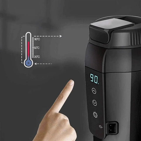 Leak Proof Electric Heated Travel Coffee Mug With Temp Control Fits Car Cup Holder showing temperature display and control features.