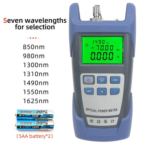 Handheld optical power meter with blue case and green backlit LCD; includes two batteries.
