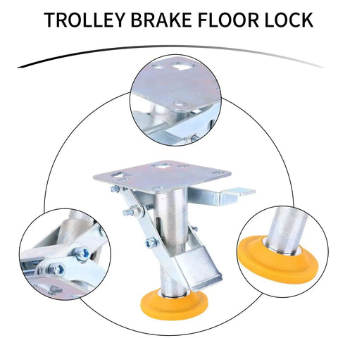 Heavy Duty Floor Lock Brake With Adjustable Height Manganese Steel Cart Lock For Trolleys, 100kg Load Capacity, TPU Pad, Fits 4 To 5 Inch Casters, Secure Stop For Industrial Carts And Dollies, yellow pad