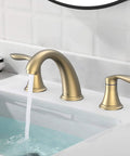 Dual-Handle Widespread Bathroom Sink Faucet in Brushed Gold Finish with 3-Hole Design, flowing water into sink
