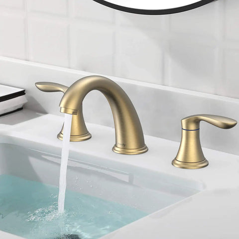 Dual-Handle Widespread Bathroom Sink Faucet in Brushed Gold Finish with 3-Hole Design, flowing water into sink