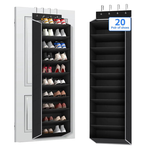 Over The Door Shoe Organizer Rack With Deep Pockets, 10 Tier Hanging Shoe Holder displaying sneakers, black, holds 20 pairs.