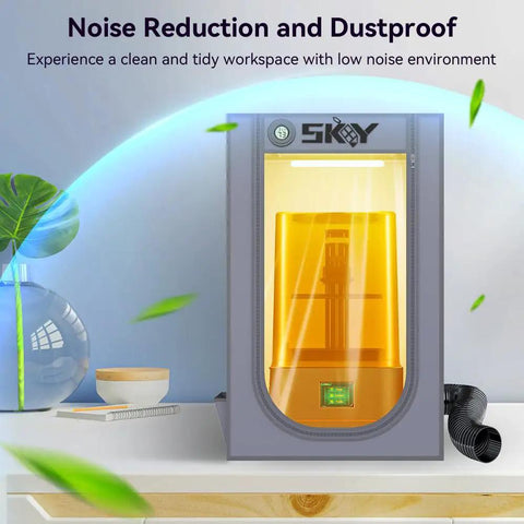Resin 3D Printer Enclosure Tent With Ventilation System And LED Light Thermo Hygrometer Odor Busting Elimination 24 By 18 By 18 Inches Grey Protective Cover For Cleaner Safer Resin Printing, displayed on a table with plants.