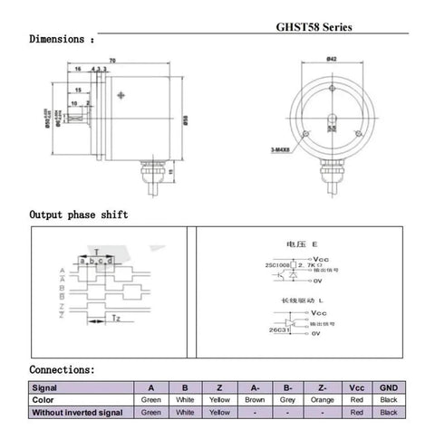 Technical diagrams and dimensions for 3600 PPR Servo Encoder With 6mm Shaft For Motors GHST58 Rotary Encoder HTL 5 To 26V