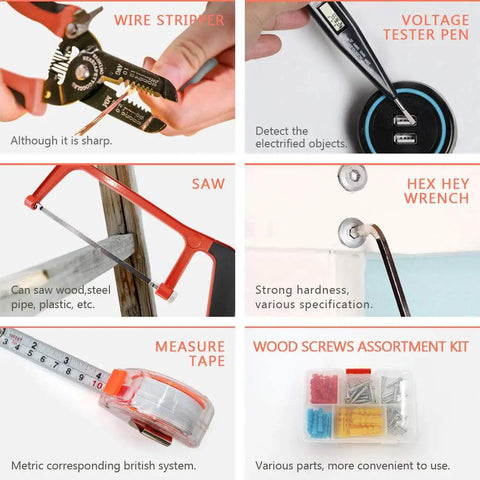Image showing wire stripper, voltage tester pen, saw, hex key wrench, measure tape, and wood screws from 102 Piece Home Basic Tool Kit For DIYers Essential Household Tool Set With Chrome Plated Carbon Steel Wrenches And Hand Tools For Everyday Repairs And Projects Great For Home Improvement Tasks And Garage Projects And Weekend Fixes.