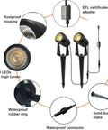 8 Pack LED Landscape Spotlight Kit components: IP65 lights, adapter, stake, connector, rustproof housing, warm white, waterproof.