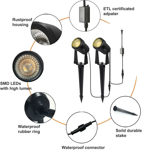 8 Pack LED Landscape Spotlight Kit components: IP65 lights, adapter, stake, connector, rustproof housing, warm white, waterproof.