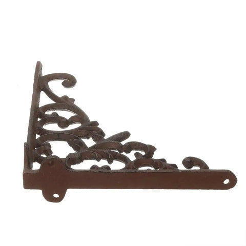 Side view of six piece cast iron angle bracket beefy heavy duty wall mount for adjustable triangle shelves and floating furniture displays.