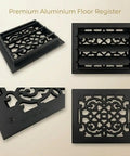 Ornate Victorian Floor Register 10 By 12 Opening Heavy Duty Cast Aluminum Walkable Vent with Adjustable Louver Damper Black Finish