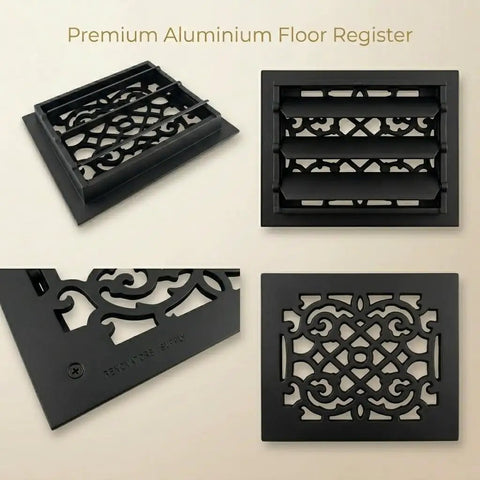 Ornate Victorian Floor Register 10 By 12 Opening Heavy Duty Cast Aluminum Walkable Vent with Adjustable Louver Damper Black Finish