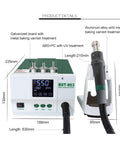 Lead Free Hot Air Soldering Station With Touch Screen LCD 1200W Power Pro Grade Multi Channel Memory For Phone CPU PCB Repairs Precise Temperature And Air Control With Stand, showing digital display and air gun
