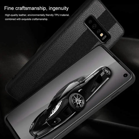 Phone case with leather texture and TPU material, showcasing luxury sports car image, highlighting fine craftsmanship and design.