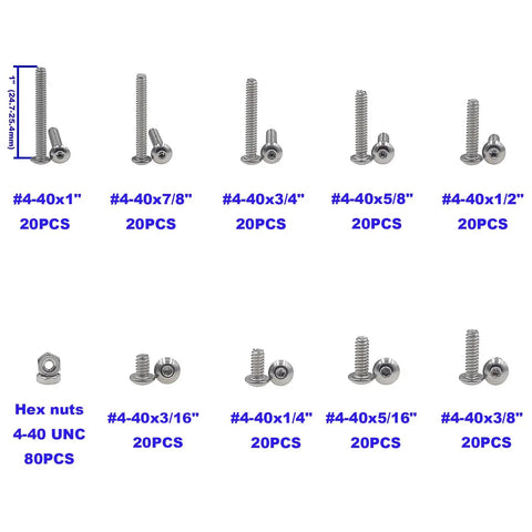 Solid As A Rock 260 Piece 4-40 Unc Button Head Socket Cap Screws Paired With Matching Hex Nuts 304 Stainless Steel Hardware assortment.