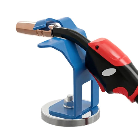 Heavy-Duty Precision Welding Holder With Strong Magnetic Base For Hands-Free Mig Torch Positioning, close-up of MIG torch in blue holder.