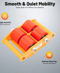 Premium 4 Pack Heavy Duty Machinery Mover Skates With 6 Ton Capacity showing PU rollers and robust bearing for smooth operation.