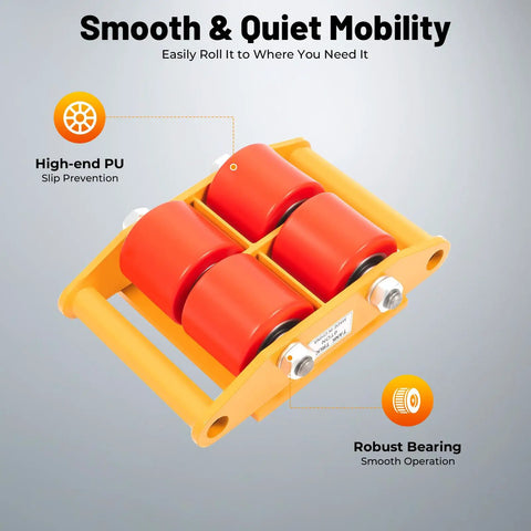 Premium 4 Pack Heavy Duty Machinery Mover Skates With 6 Ton Capacity showing PU rollers and robust bearing for smooth operation.