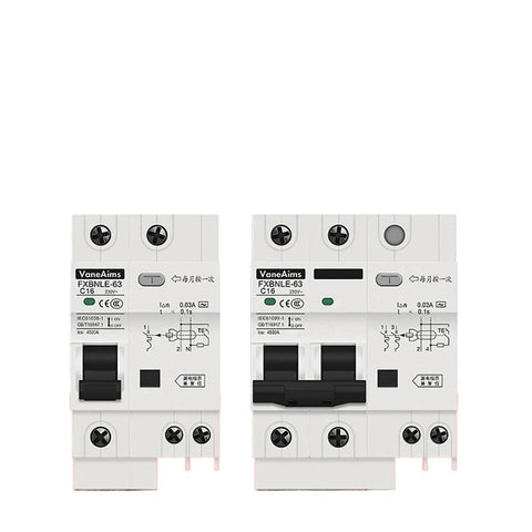Heavy Duty AC Circuit Breaker With Knockout Anti Shock Shield Earth Leakage Switch Home Panel Protector Smooth 220 Volt Flow At 1 63 Amps showing two breakers.