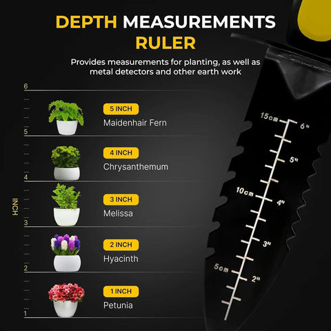 Beefy Heavy Duty Metal Detector Shovel With Double Serrated Edge And Sheath showing depth measurements for planting and detecting.